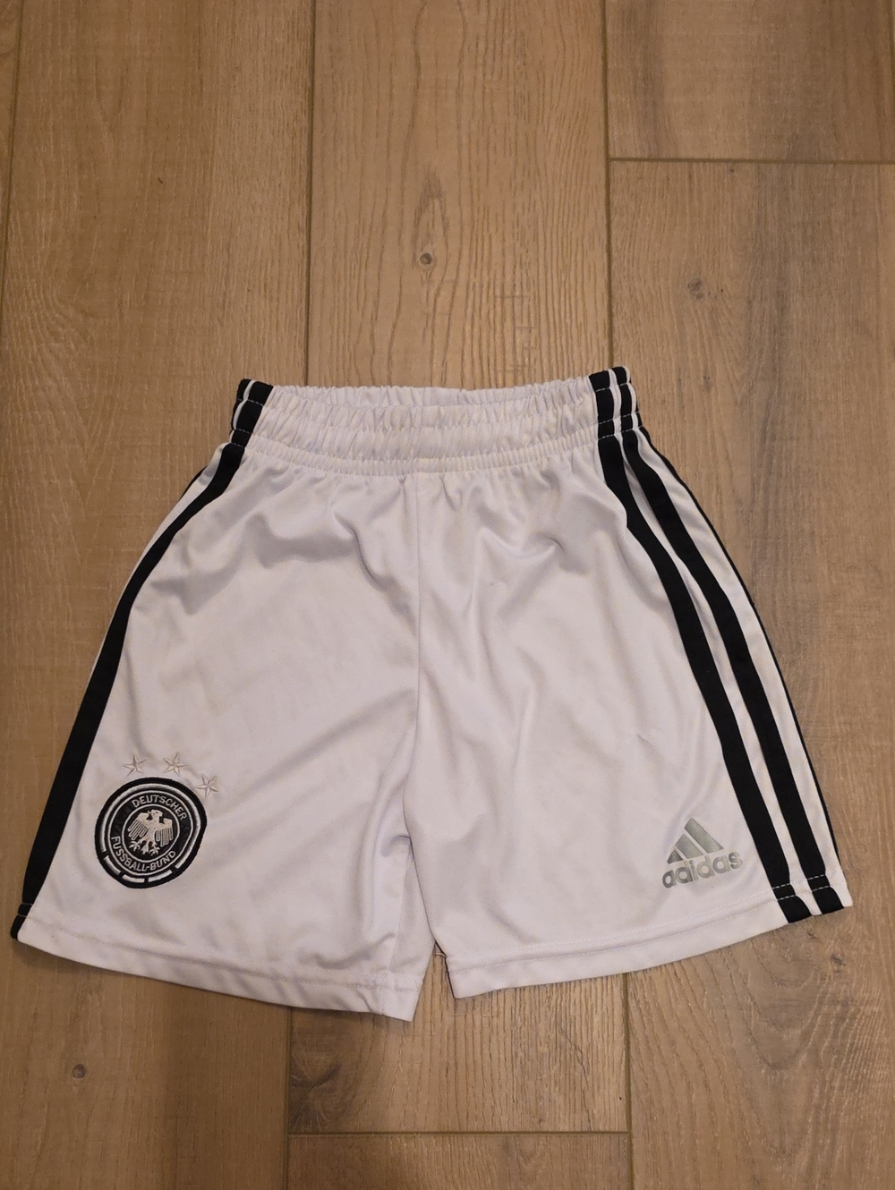 adidas White Kids Soccer Shorts with Black Stripes Deutscher Fussball Bund